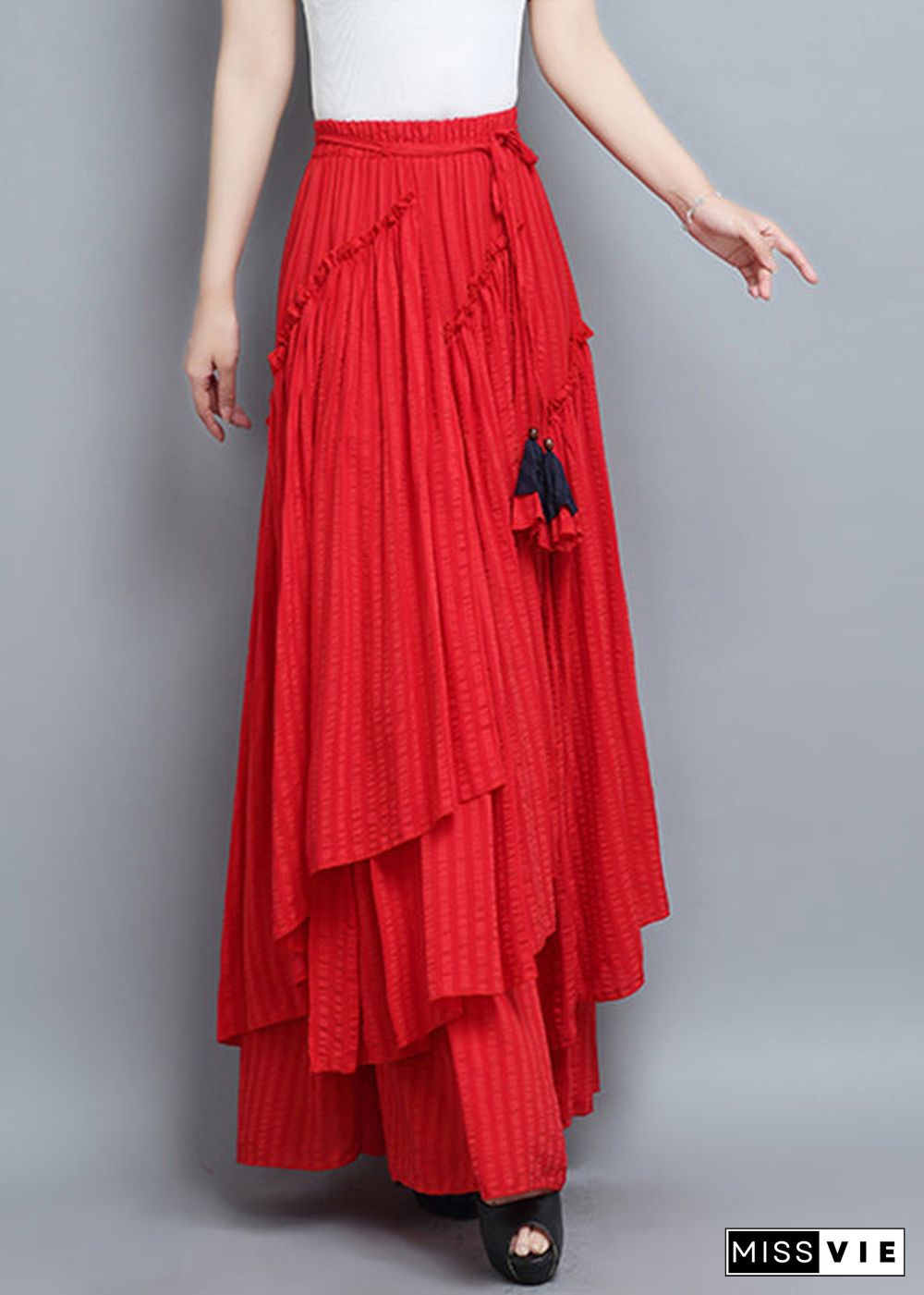 Red Asymmetrical Tie Waist Pleated Skirt Summer