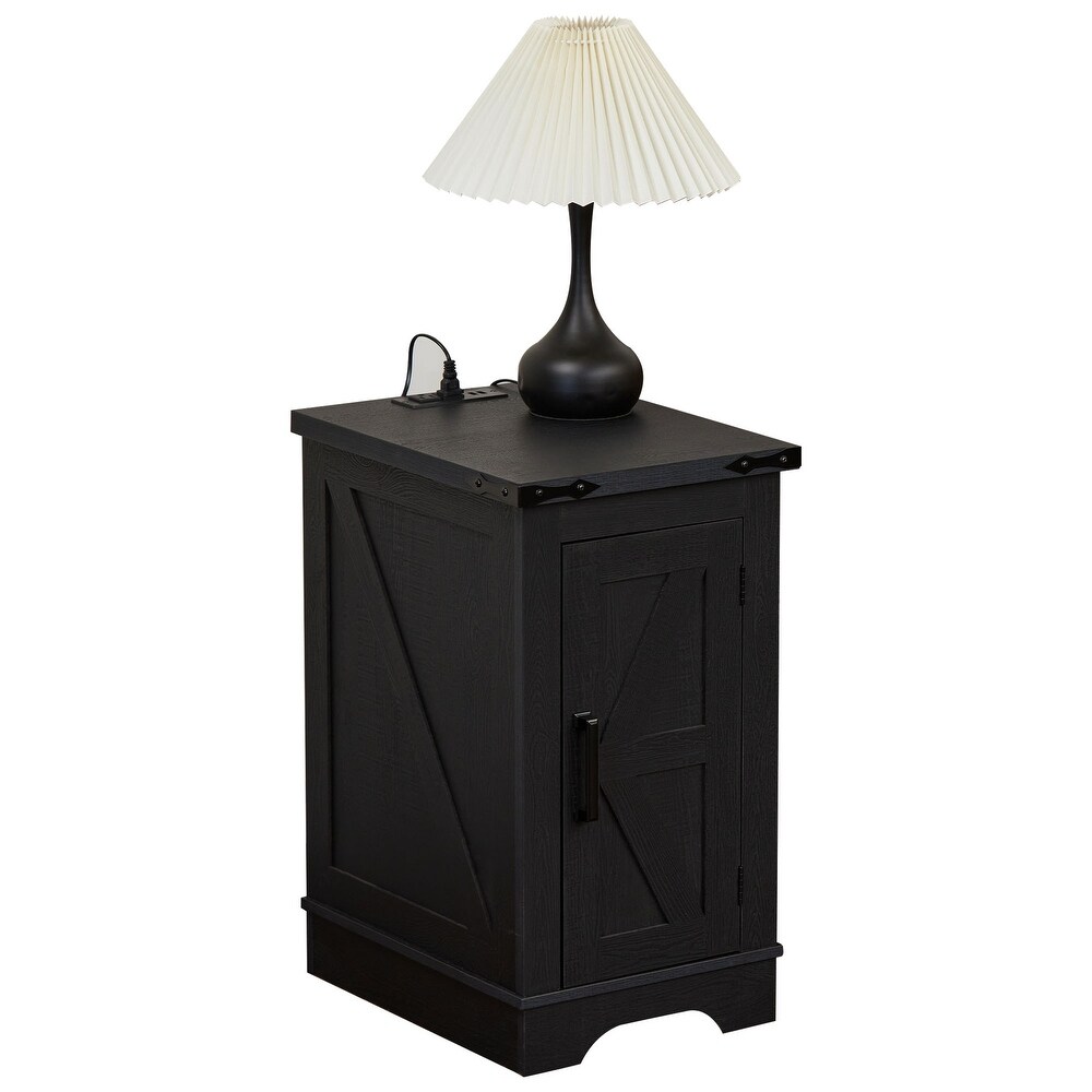 Farmhouse 17' Rustic Nightstand Wooden End Table with Charging  Barn Door  Adjustable Shelf and 3 Tier Storage