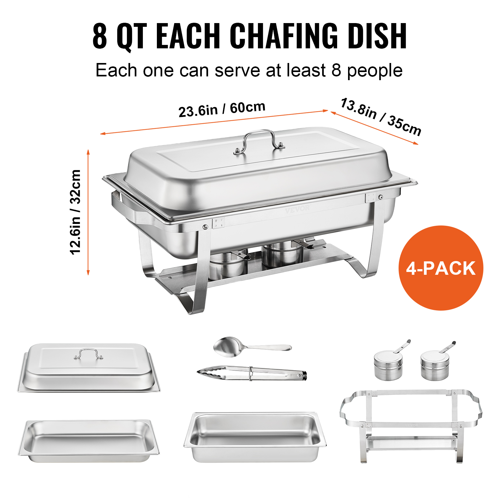 BENTISM 4-Pack Rectangle Chafing Dish Set with Full-Size 8Qt Pan Frame Fuel Holde， For Catering， Buffet Serving， Party