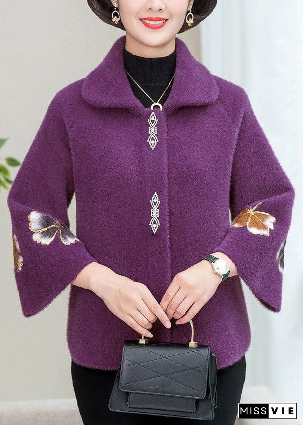 Beautiful Purple Square Collar Floral Mink Hair Knitted Coats Winter