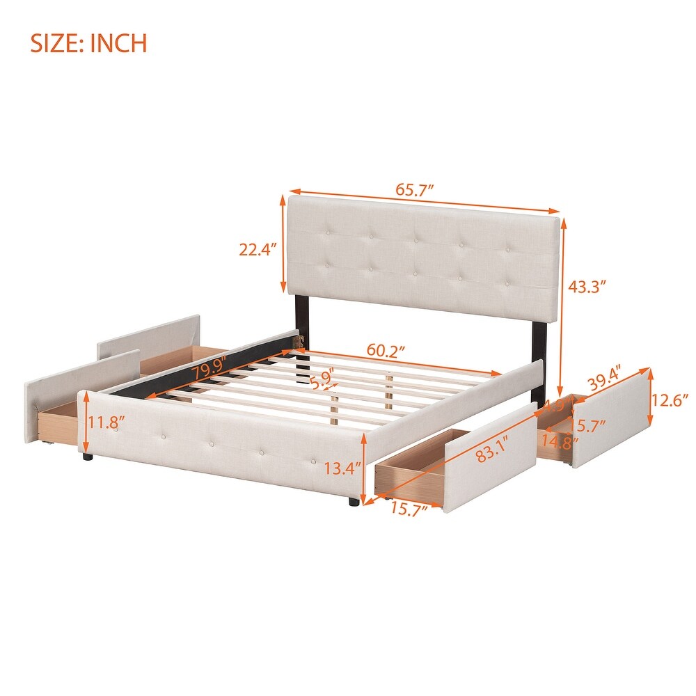 Upholstered Platform Bed with Classic Headboard and 4 Drawers  No Box Spring Needed  Linen Fabric  Queen Size  Light Beige