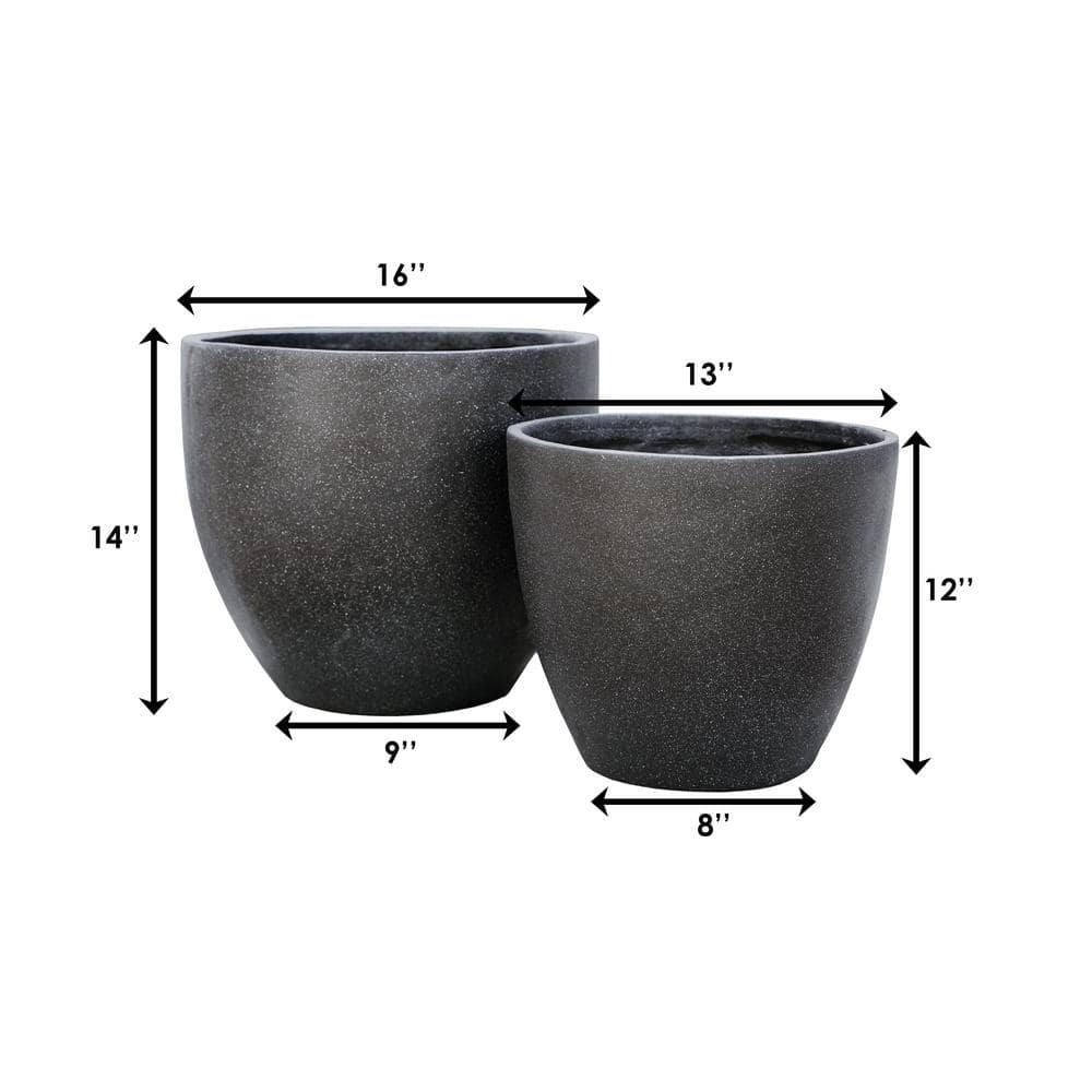 XBRAND 14 in. Tall and 12 in. Tall Black Modern Nested Round Flower Concrete Pot Planter (Set of 2 Different Sizes) PL1515BK