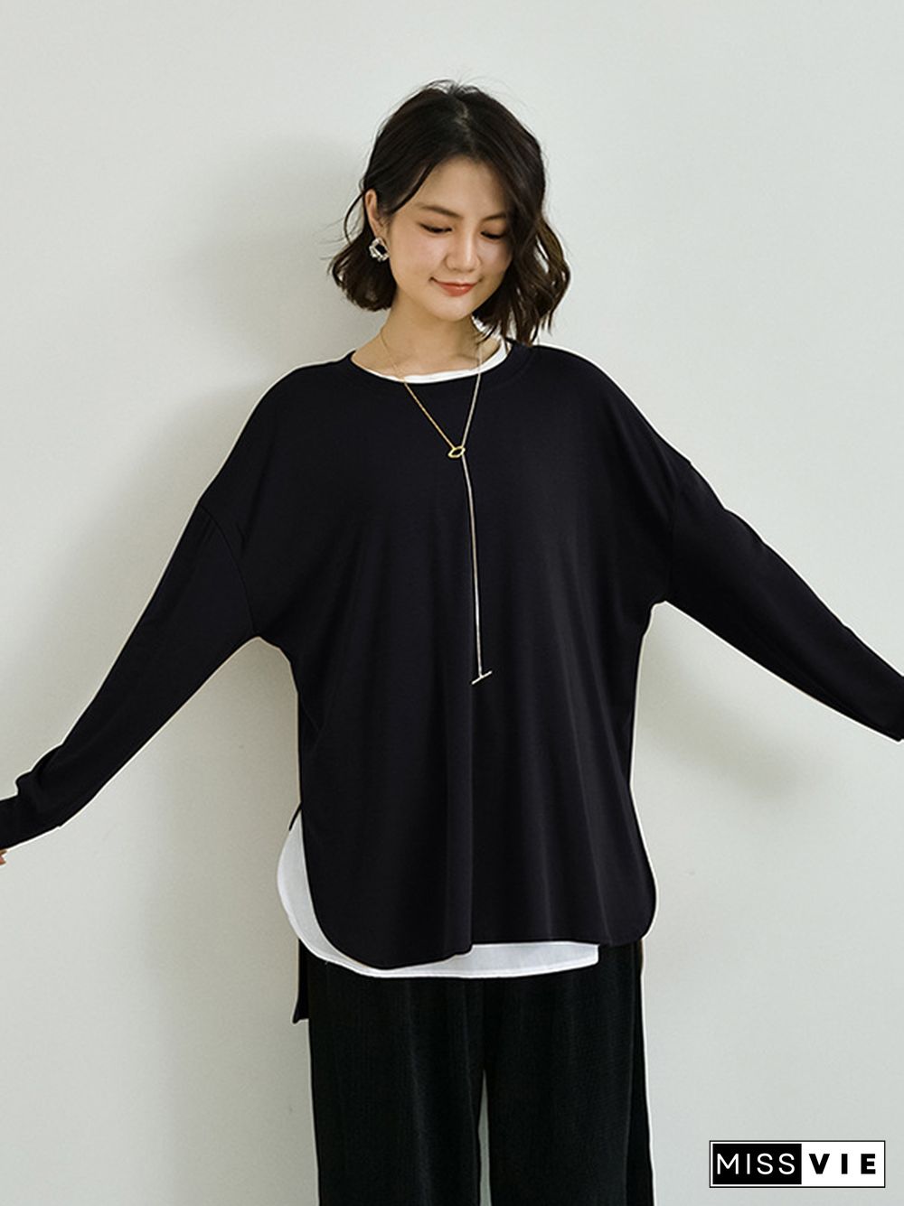 Simple Long Sleeves Loose Split-Side Solid Color Round-Neck T-Shirts Tops