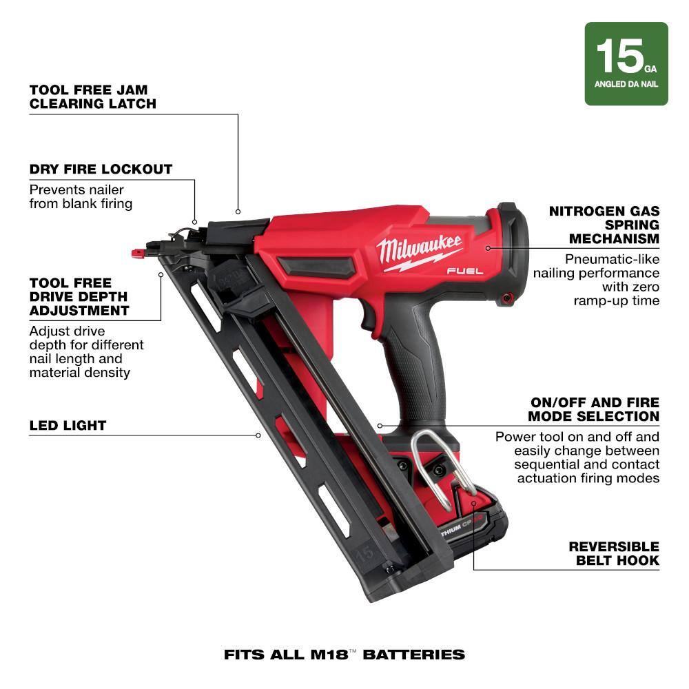 MW M18 FUEL 18-Volt Lithium-Ion Brushless Cordless Gen II 15-Gauge Angled Nailer Kit WRandom Orbit Sander 2839-21CT-2648-20