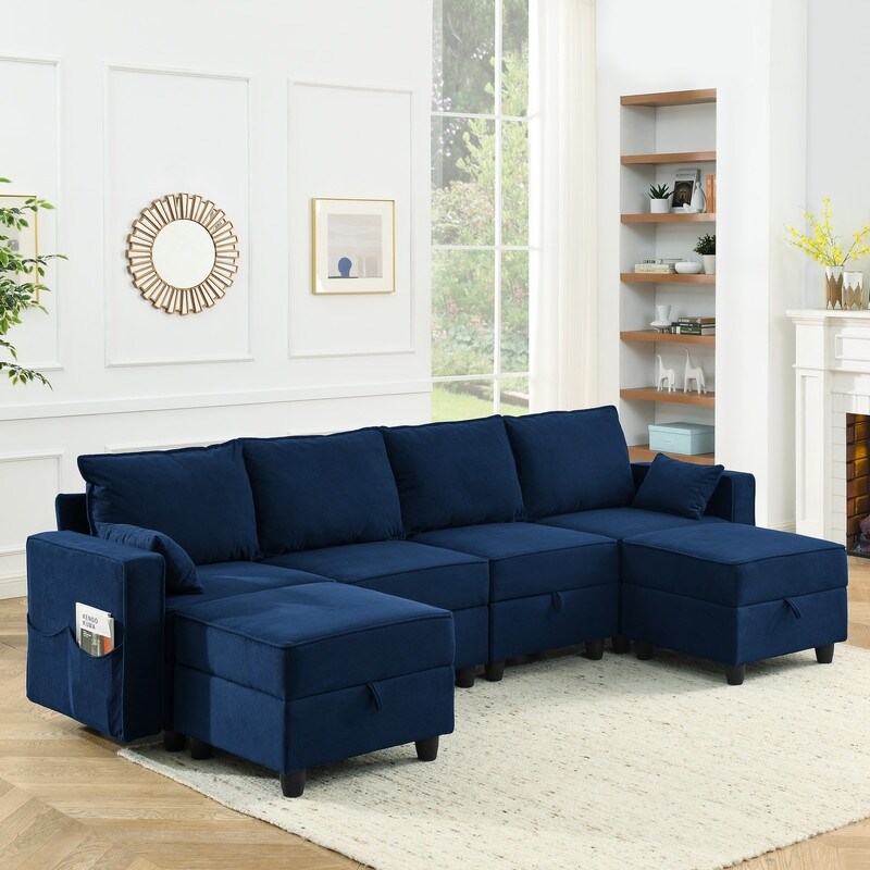 U Shape Modular Sectional Sofa  6 Storage Seat  Corduroy Velvet Sofa Bed Couch