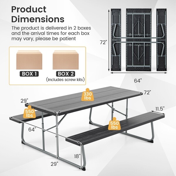 Folding Picnic Table Set with Metal Frame and AllWeather HDPE Tabletop，Umbrella Hole