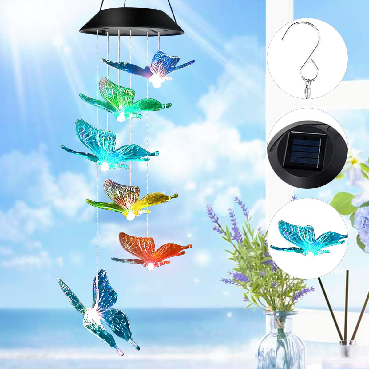 Solar Wind Chimes Outdoor， Waterproof Solar Butterfly Wind Chimes Color Changing LED Solar Powered Mobile Wind Chime， Hanging Decorative Romantic Patio Lights for Yard Garden Home Party