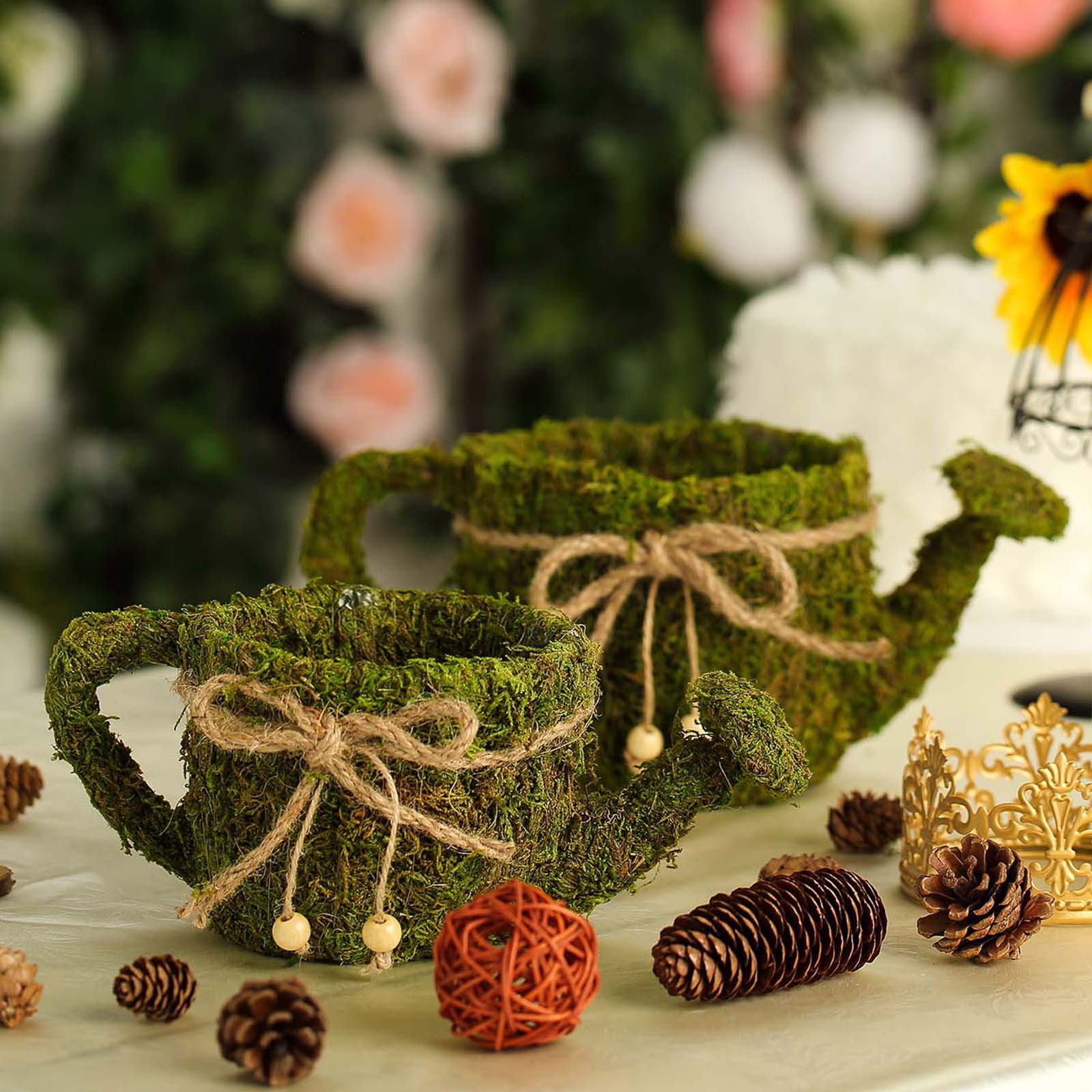 Efavormart Set of 2 |  Preserved Moss Watering Can Planter Box with Natural Braided Twine Bow - 11