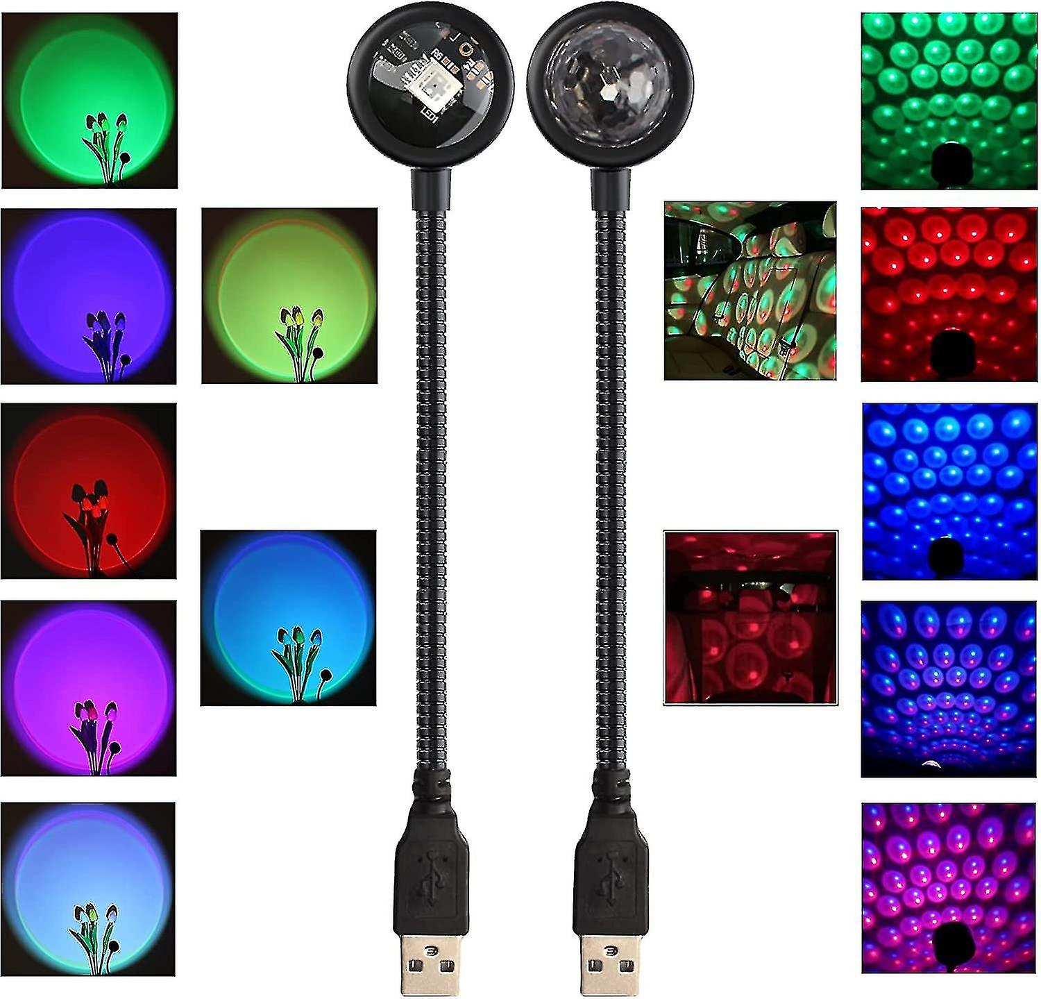 2 Pcs Usb Night Lights， Disco Light Sunset Lamp， Sound Activated Strobe For Decorating Car Interior，