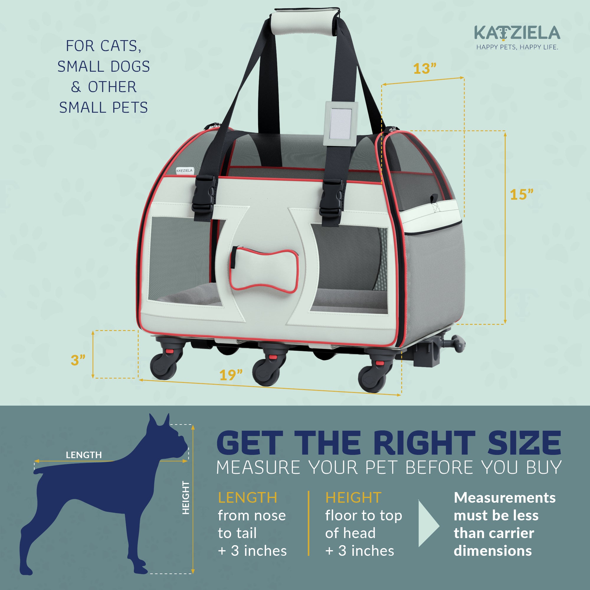 Katziela Bone Cruiser Pet Carrier with Removable Wheels - Telecopic Handle - Airline Approved (Gray)