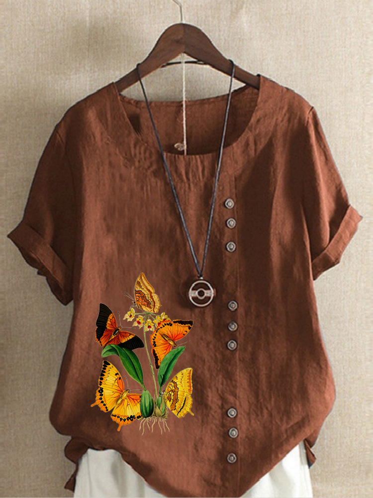 Round Neck Casual Loose Butterfly Short Sleeve Blouse