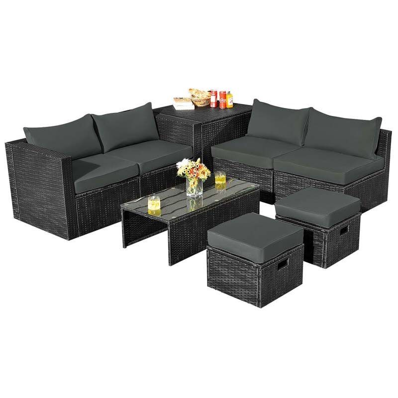 8 Pcs Rattan Wicker Outdoor Patio Furniture Sectional Sofa Set with Storage Box & Waterproof Cover