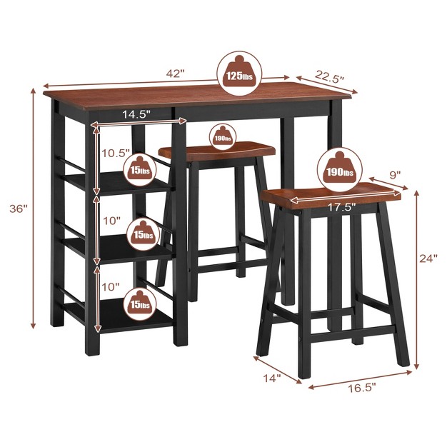 Tangkula 3 Pcs Dining Table Set Counter Height Dining Set With 3 tier Storage Shelf amp 2 Saddle Stools Walnut