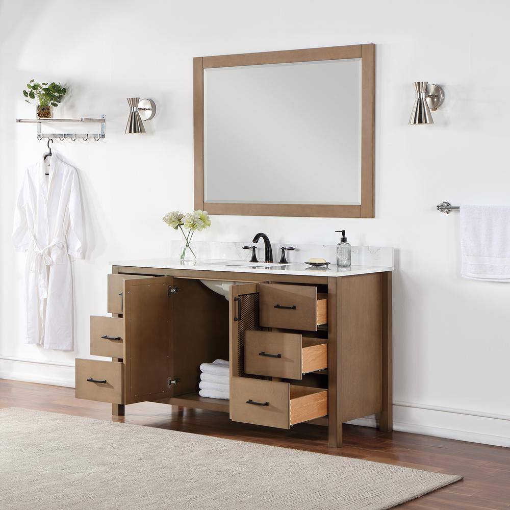 Altair Hadiya 60 in. W x 22 in. D x 34 in. H Bath Vanity in Brown Pine with Carrara White Composite Stone Top 542060S-BR-AW-NM