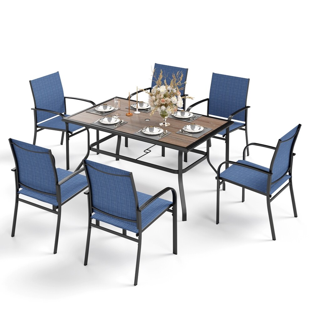 7 Piece Patio Dining Set Wood look Rectangle Table and 6 Textilene Chairs