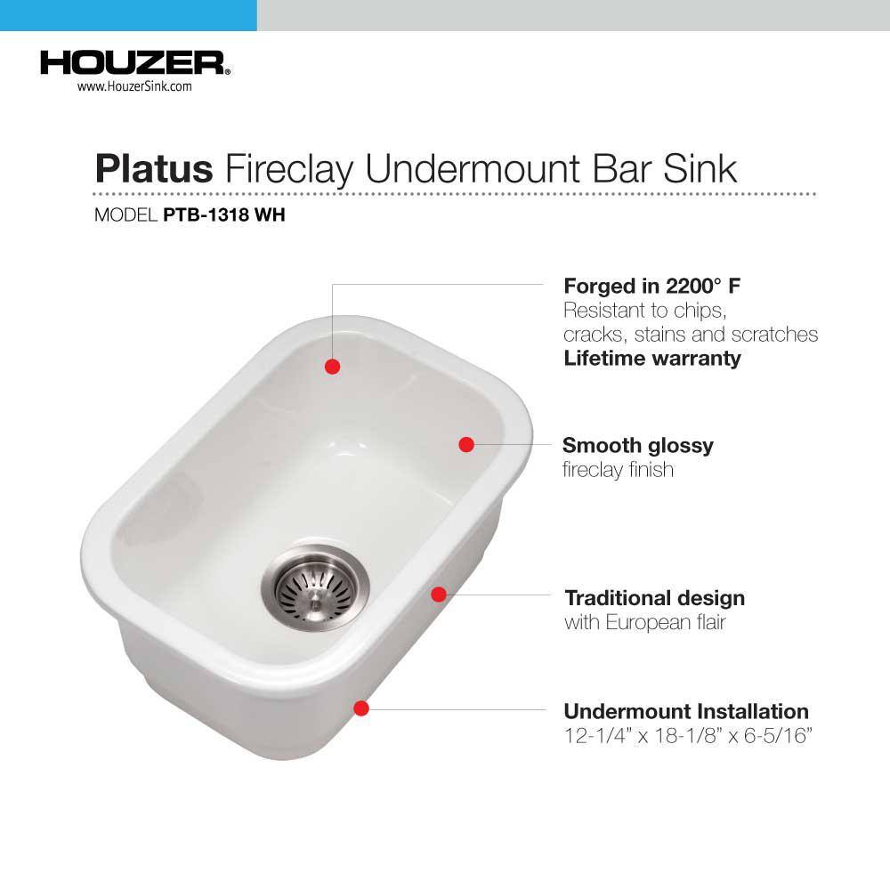 HOUZER Houzer Platus Undermount Fireclay 13 inch Bar Sink White PTB-1318 WH PTB-1318 WH