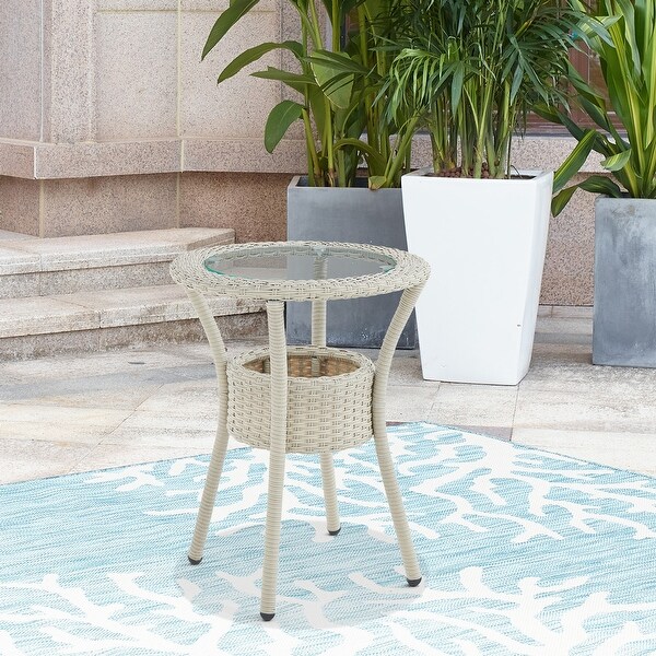 Lamitan Outdoor Wicker Round Glass Top Accent Table With Storage by Havenside Home