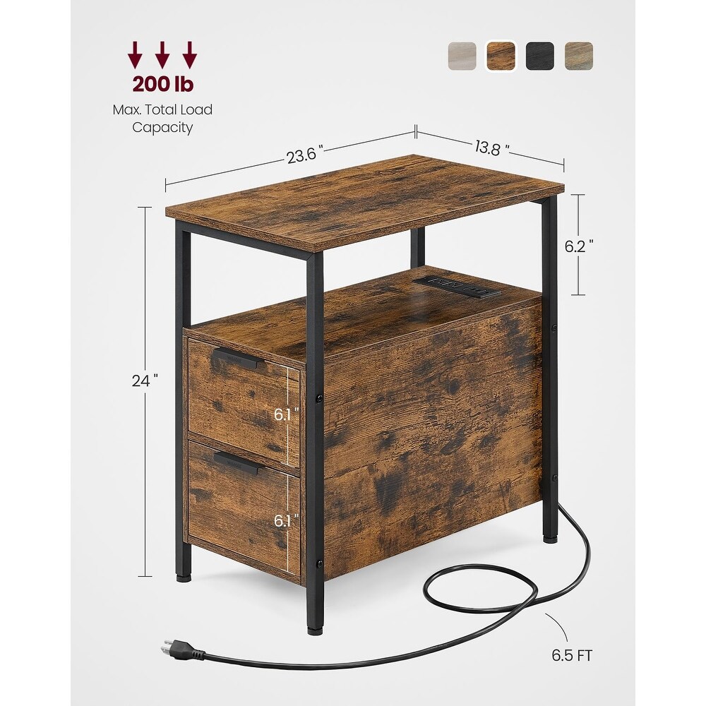 Slim Side Table Nightstand End Table with 2 Drawers and Charging Station for Small Spaces   23.6” x 13.8” x 24”