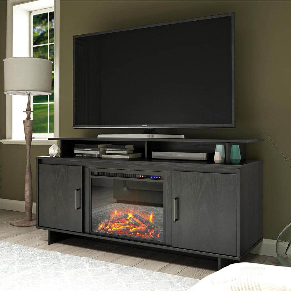 Ameriwood Home Mica Avenue 5961 in Freestanding Fireplace TV Stand in Black Oak Fits TVs Up to 74 in