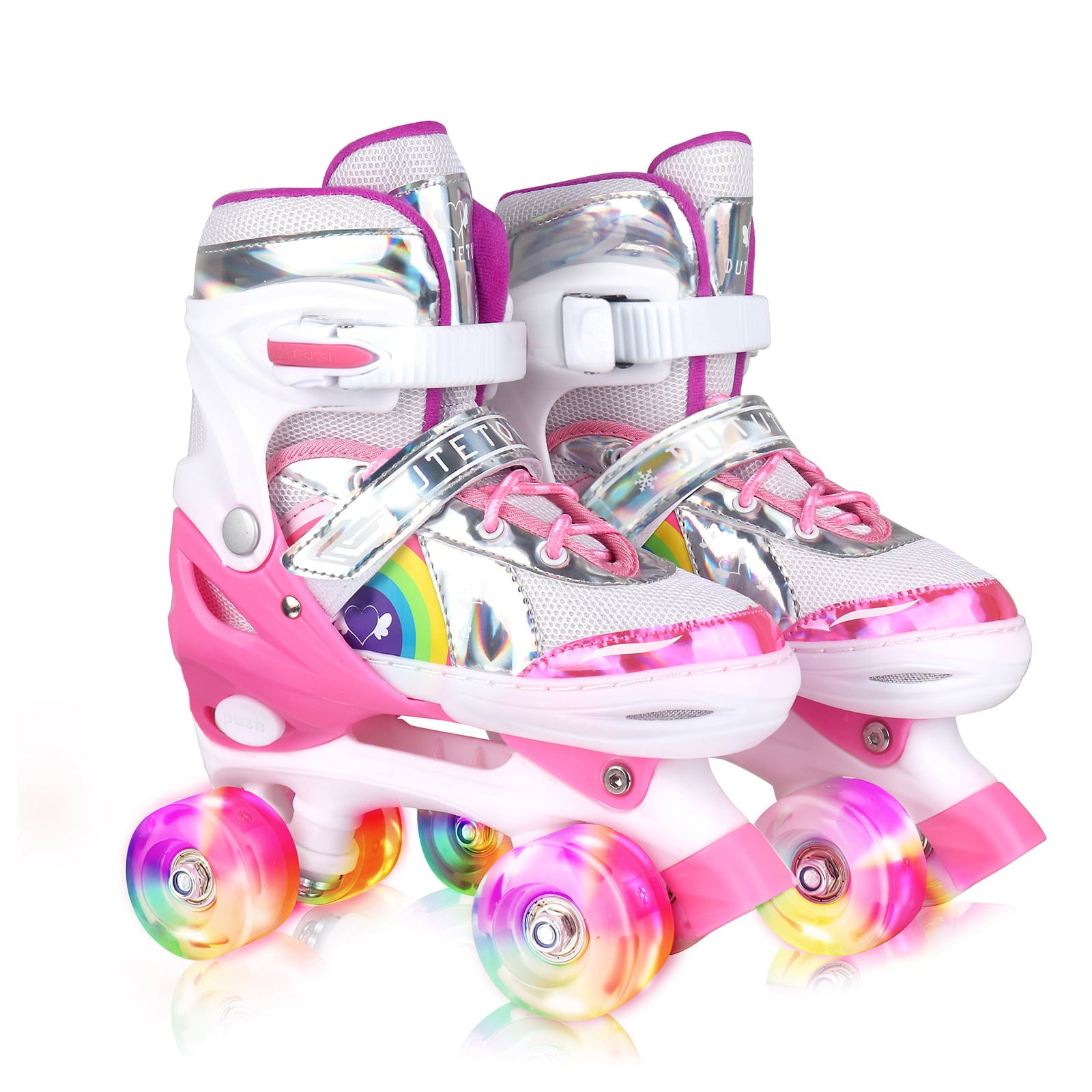 Roller Skates Adjustable Size with Light Up Flash LED 4 Wheels Fun Illuminating for Kids Children Boys Girls Multicolor， Size 10C-13C (Pink)