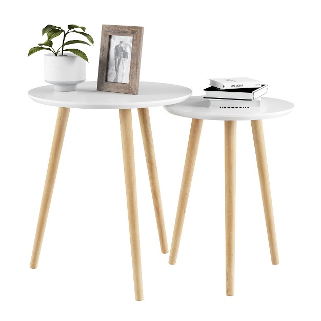 Hastings Home Nesting End Tables Mid century Modern Wood Accent Table With Circular Top Set Of 2 White natural