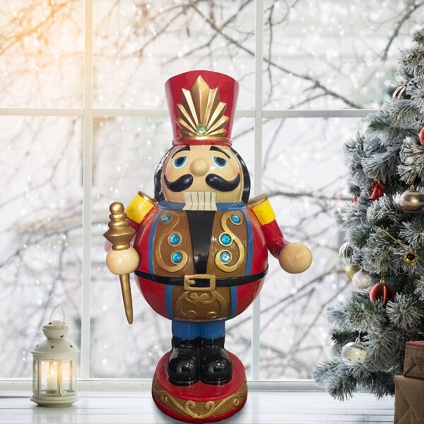 Christmas Time 3Ft. RolyPoly Nutcracker Toy Soldier，Resin Figurine w/ LED Lights，Christmas Decor，Red