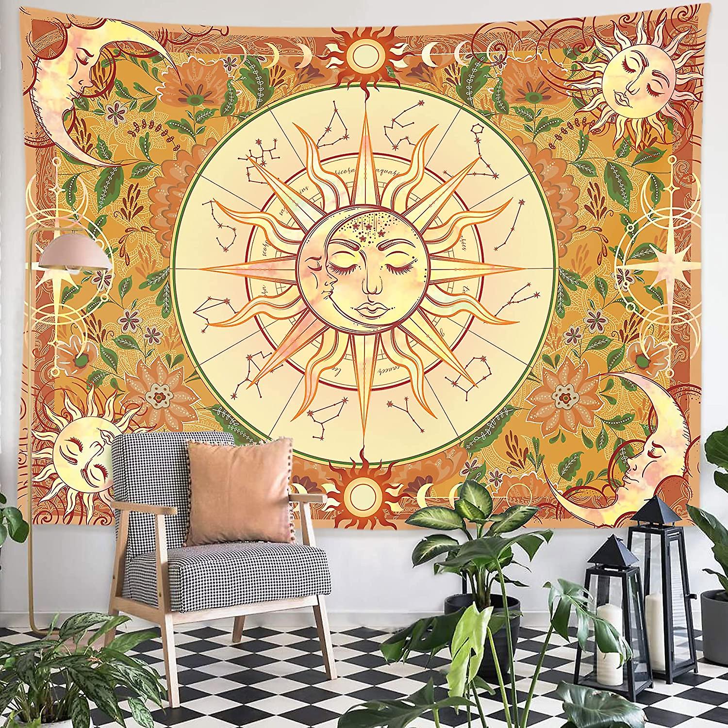 Vintage Tapestry Burning Sun Tapestries Pastel Mystic Tapestry Celestial Sun And Moon With Stars Tapestry Psychedelic Hippy Tie Dye Wall Hanging For P