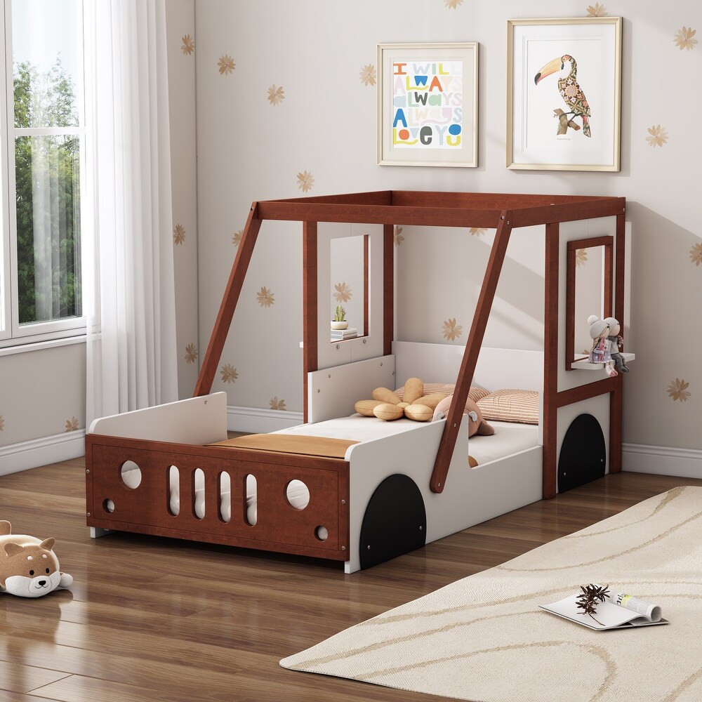 Brown/White Twin Size Car Shaped Platform Bed  Wooden Kids Floor Bed