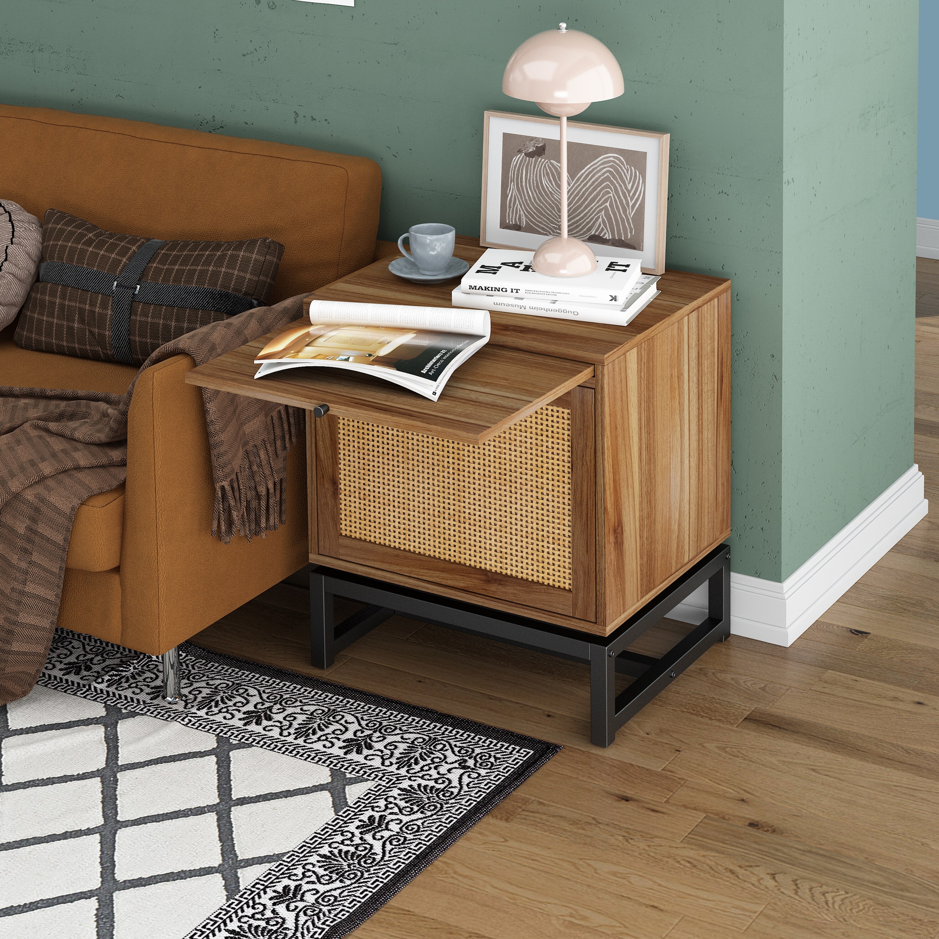 Natural Rattan Door Nightstand， Storage End Table， Accent Bedside Table for Bedroom， Living Room - - 37229759