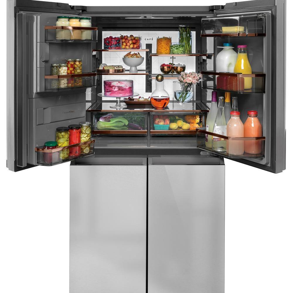 Cafe 27.4 cu. ft. Smart 4-Door Quad French Door Refrigerator in Platinum Glass ENERGY STAR CQE28DM5NS5