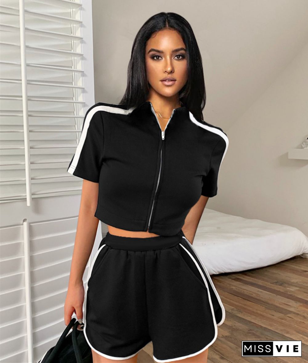 Sportswear Zipper Crop Tops and Shorts Summer Outfits