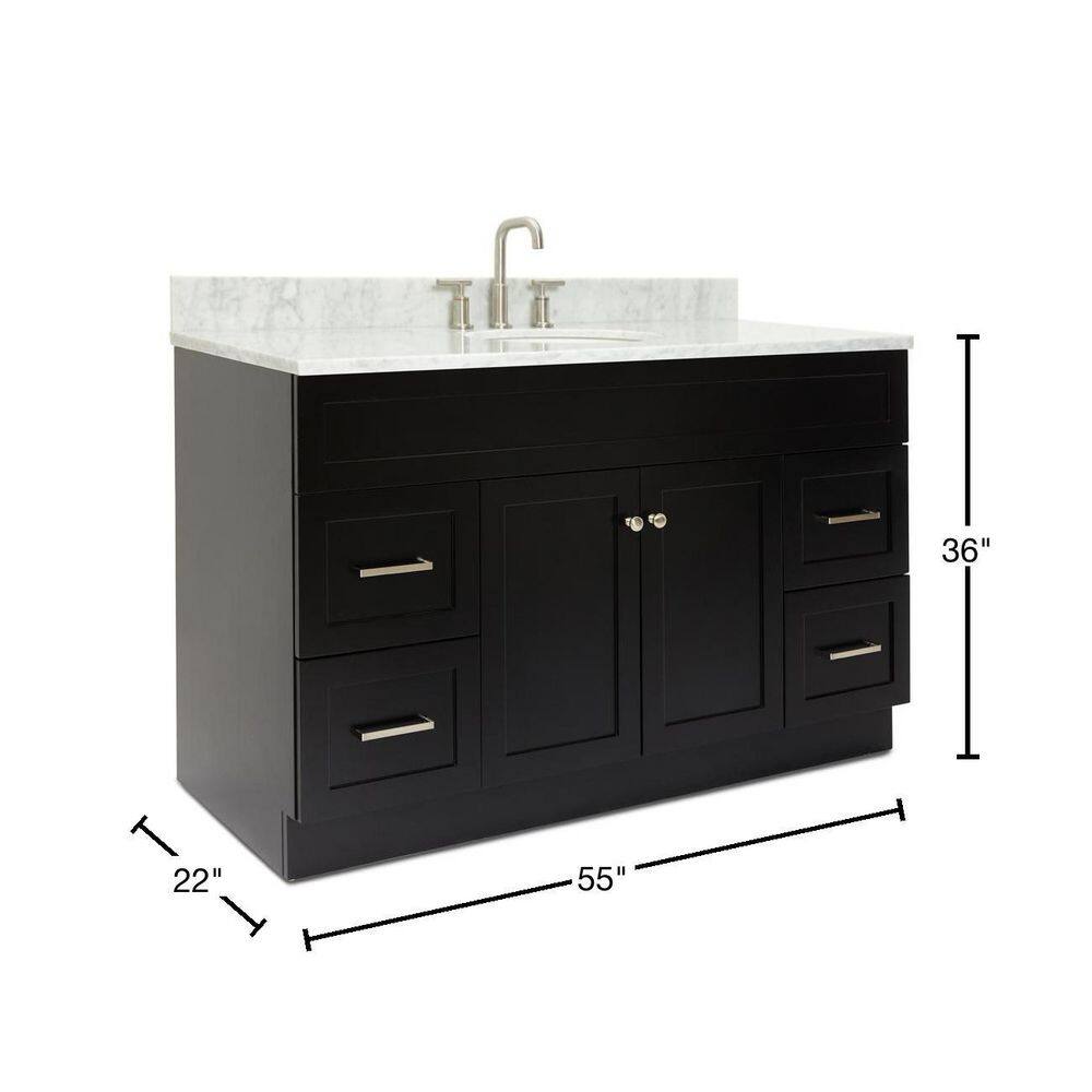 ARIEL Hamlet 55 in. W x 22 in. D x 36 in. H Bath Vanity in Black with Carrara White Marble Vanity Top with White Basin F055SCW2OVOBLK