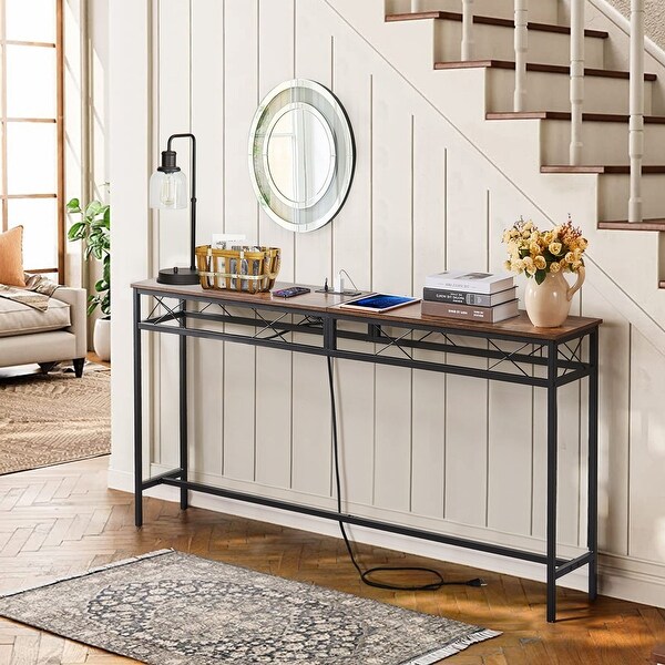 VECELO Industrial Rectangular Wood Console Table with AC Power and USB Charging Ports