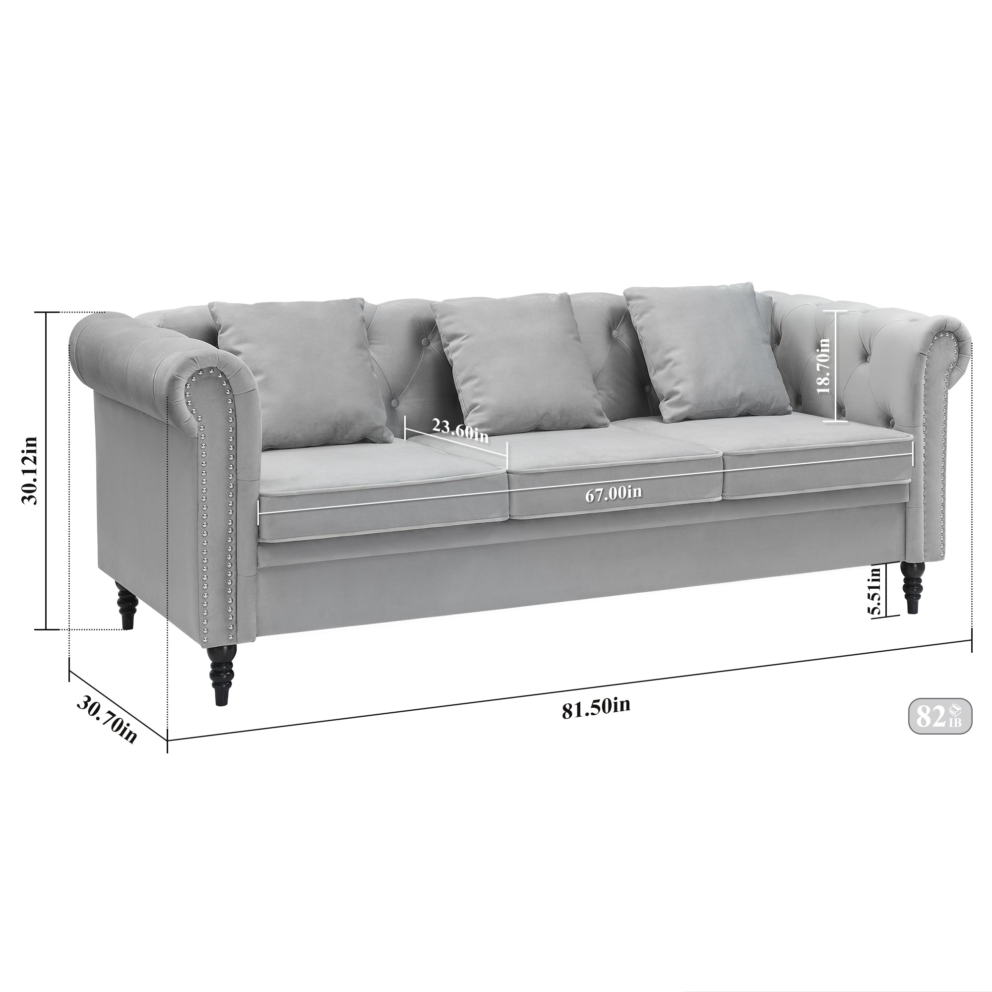 GERICCO Chesterfield Sofa Velvet,3 Seater Couch Furniture,Couches for Living Room with Deep Button Tufting,Large Sofa with Rolled Arms (Gray)