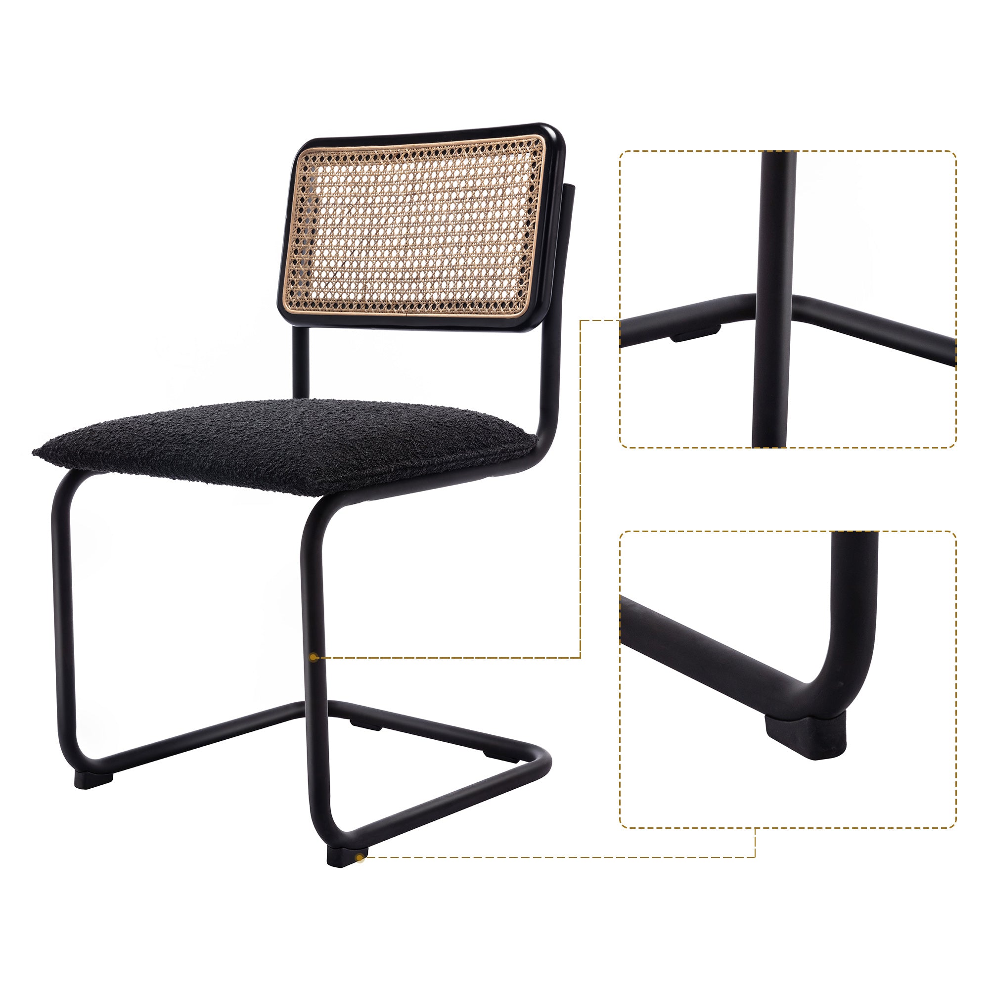 Zesthouse Rattan Dining Chairs Set of 2, Boucle Dining Room Chair with Black Metal Legs and Cane Back, Mid-Century Modern Upholstered Fabric Kitchen Side Chair, Black