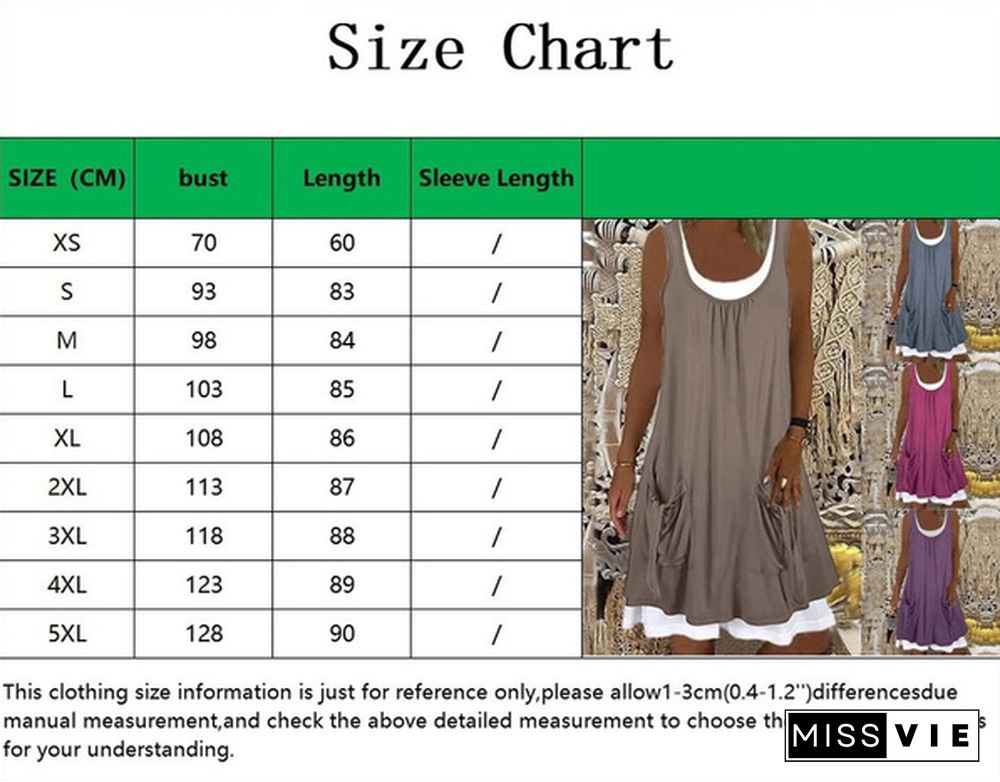 Women Fashion Summer Solid Color Sleeveless Dresses Fake Two-piece Pullover Dresses Vintage Plus Size Casual Beach Dresses