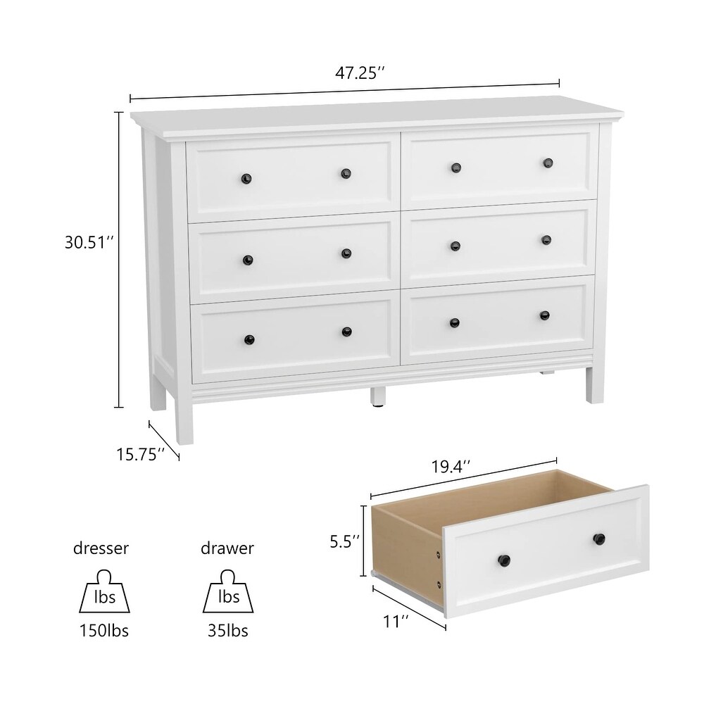 White Dresser  6 Drawer Double Dresser for Bedroom with Metal Knobs   Wide Storage  Chest of Drawers