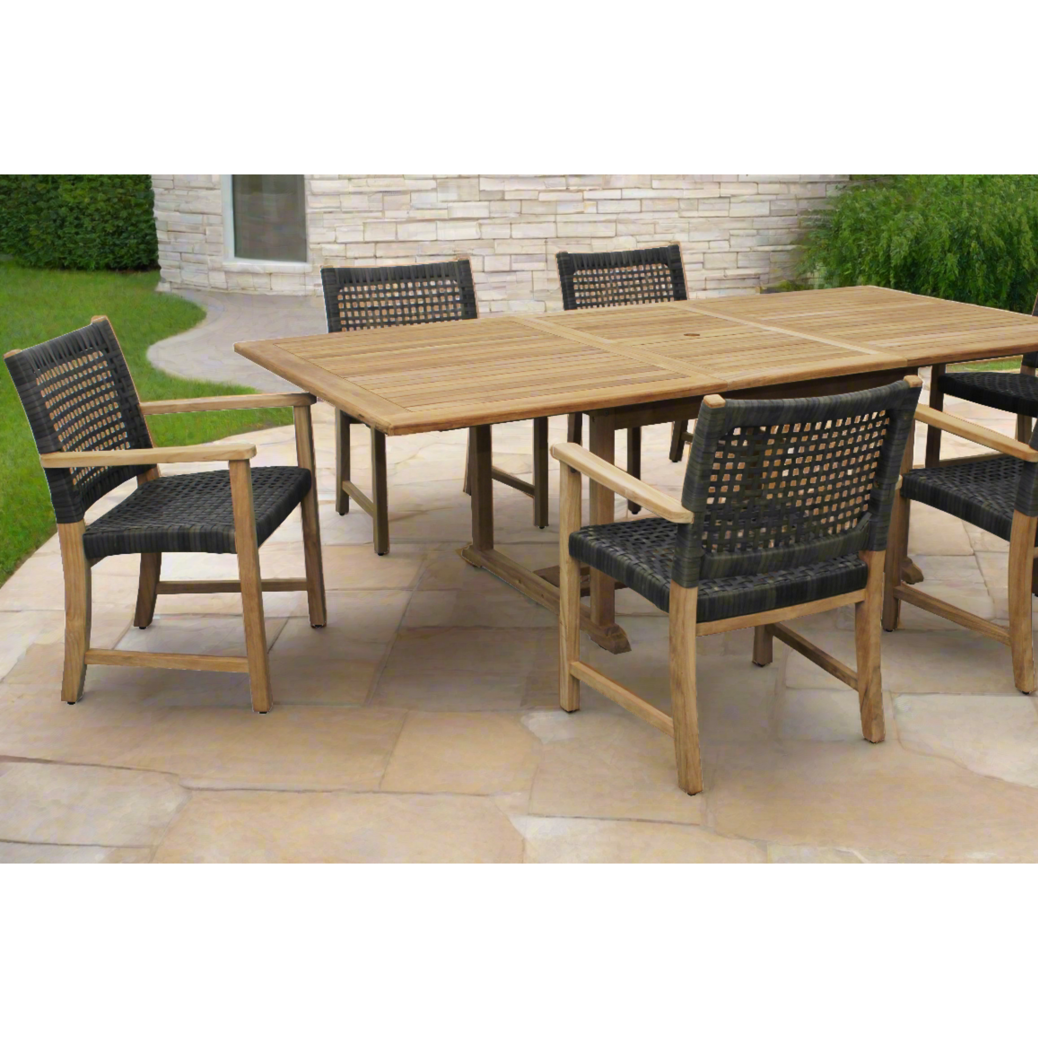 Bali Teak 7pc Outdoor Dining Set (Teak Rectangular Extendable Table 70-94 with 6 Woven Sanur Armchairs)