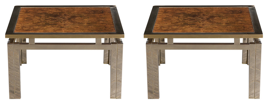 Pair of Modern Geometric Brass and Burled Wood Side Tables   Transitional   Side Tables And End Tables   by Castle Antiques  Houzz