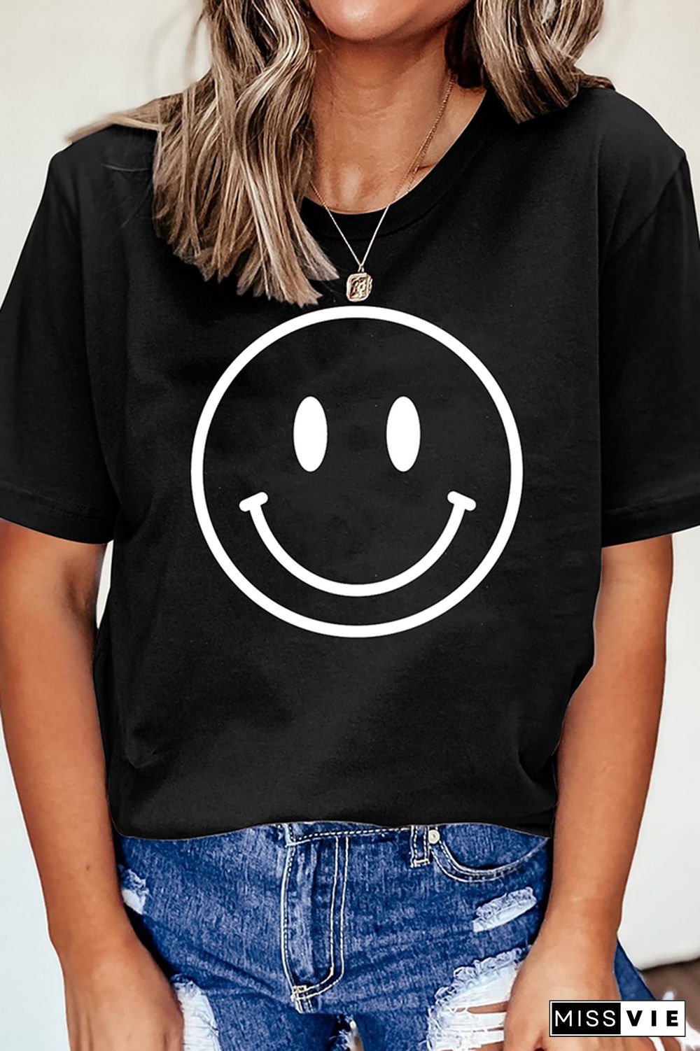 Smiley Printed Graphic Tees for Women Wholesale Short Sleeve T shirts Top