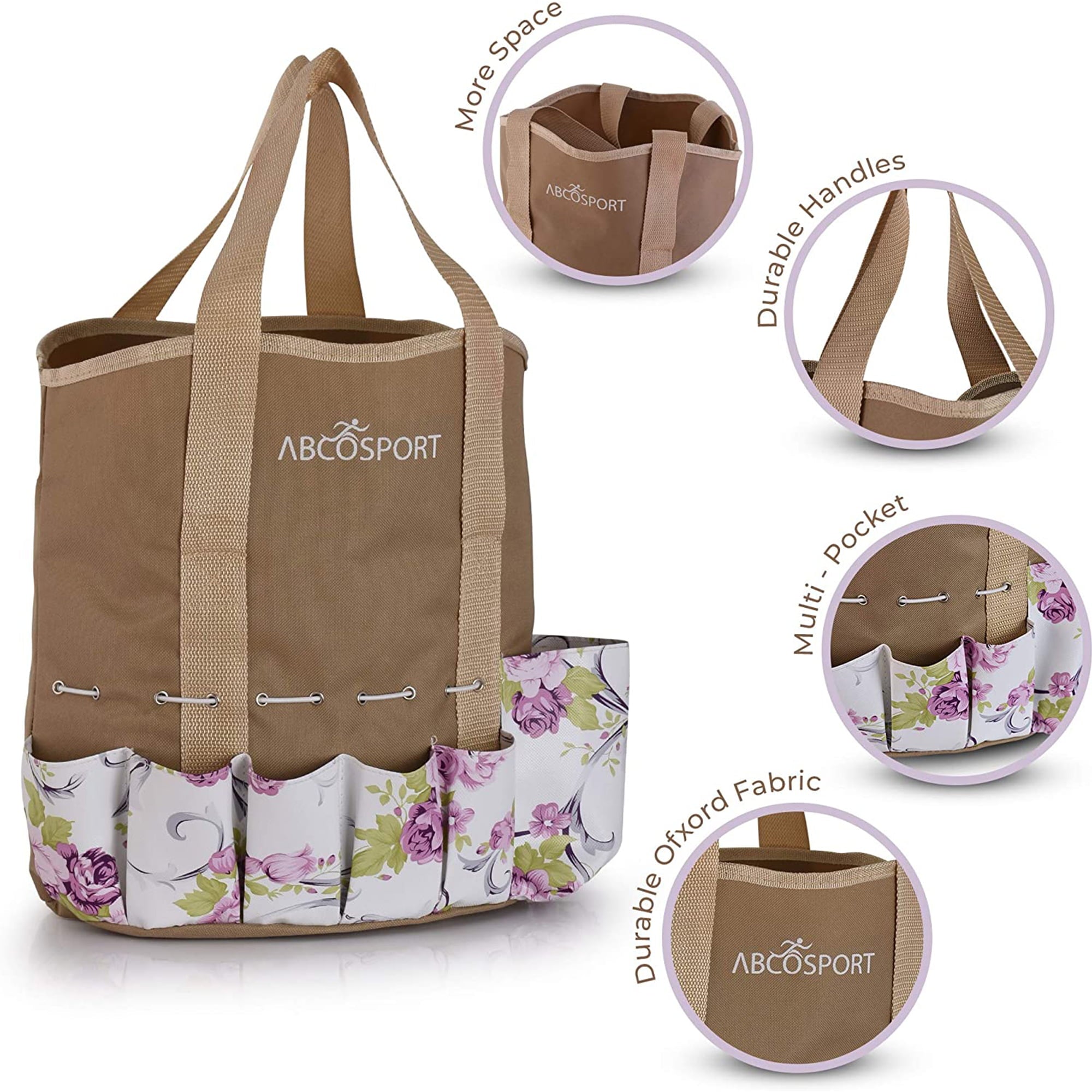 Garden Tools Set - 9 Piece Gardening Kit - Easy to Carry Tote Bag - Pretty Floral Design - Ergonomic Wooden Handle & Heavy Duty, Machine Washable