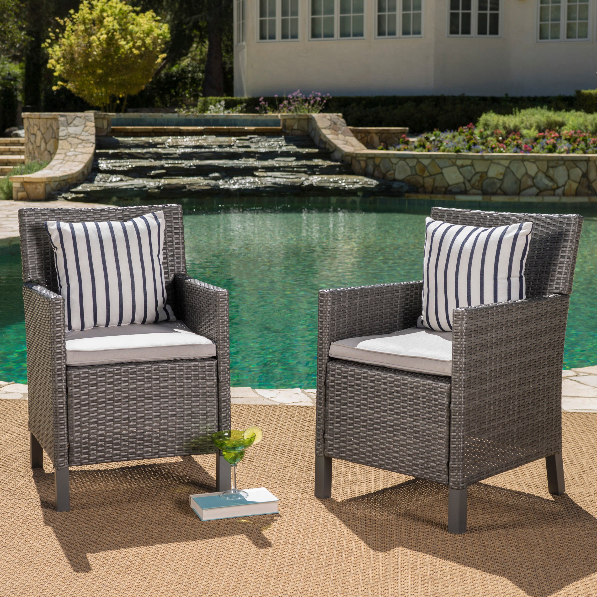 Cyrus Outdoor Wicker Dining Chairs with Water Resistant Cushions (Set of 2)