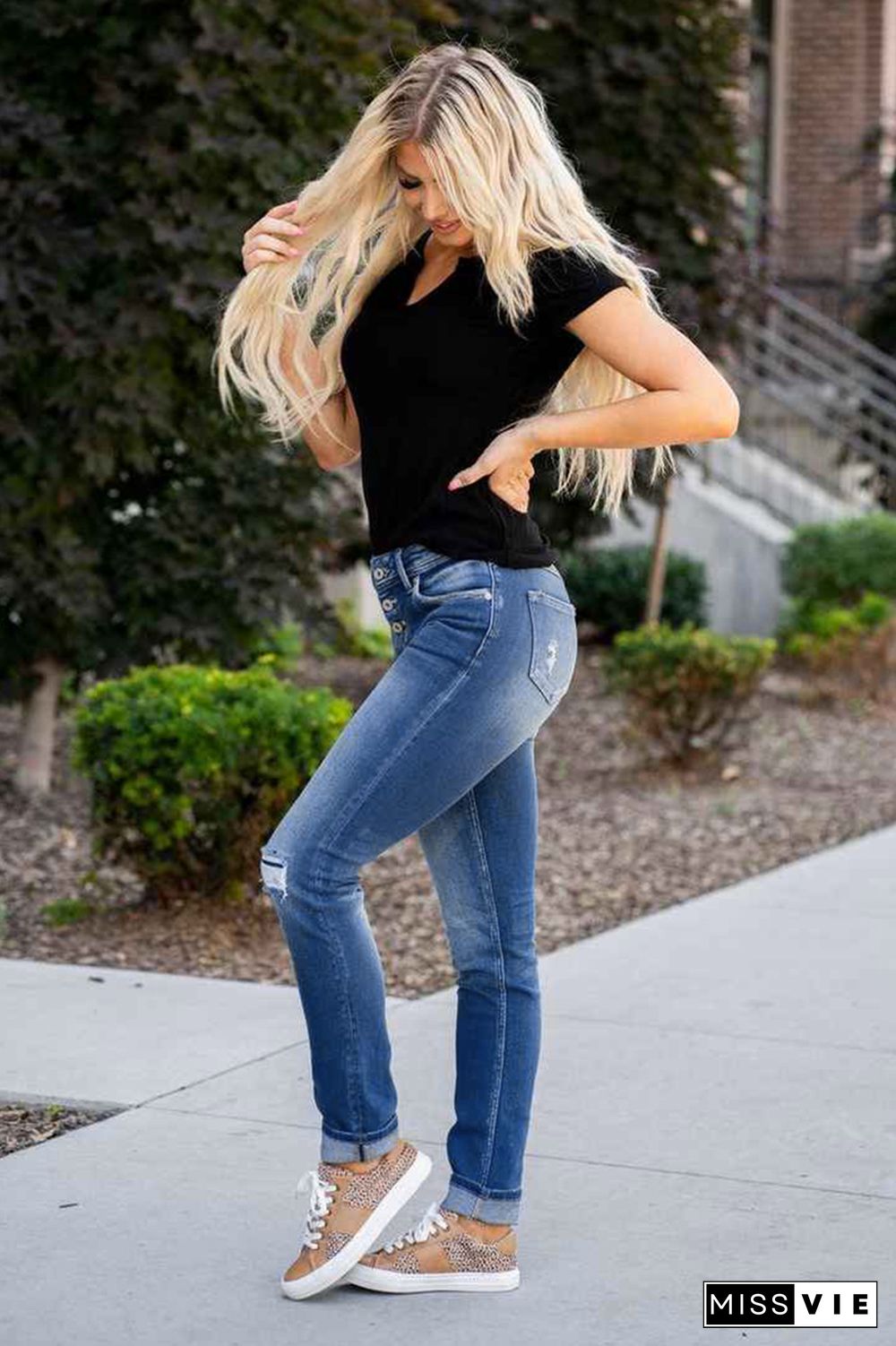 Mid Waist Button Skinny Leg Jeans