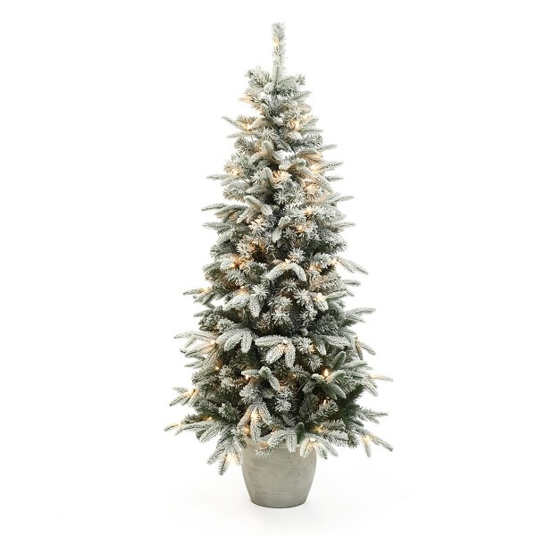 5Ft PreLit Snow Flocked Slim Fir Potted Artificial Christmas Tree