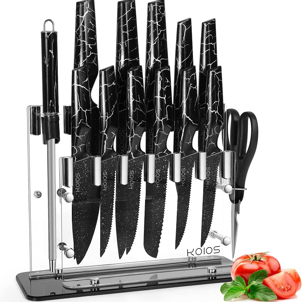 16 Pcs Kitchen Stainless Steel Knife Set with Acrylic Stand，Black