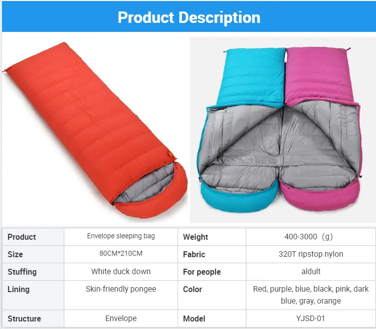 Sleeping Bag Camping Hike Lightweight Ultra Soft High Quality Down 800 Fill Sleeping Bag