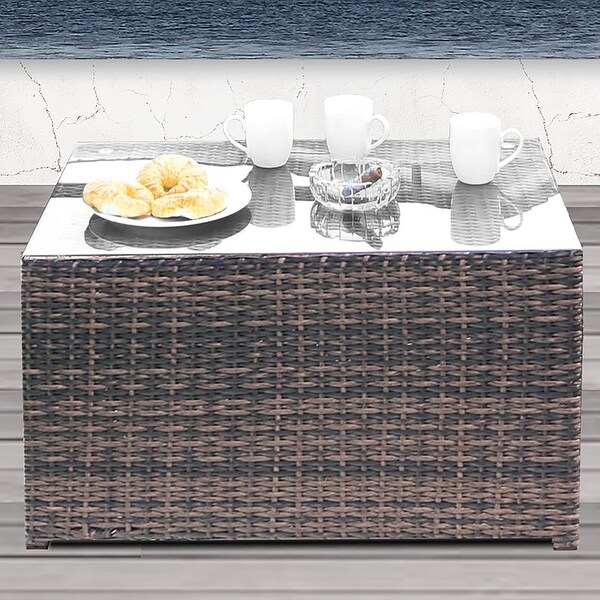 Rectangular Brown Wicker Outdoor Coffee Table，Fully Assembled Coffee Table，Top Material Glass