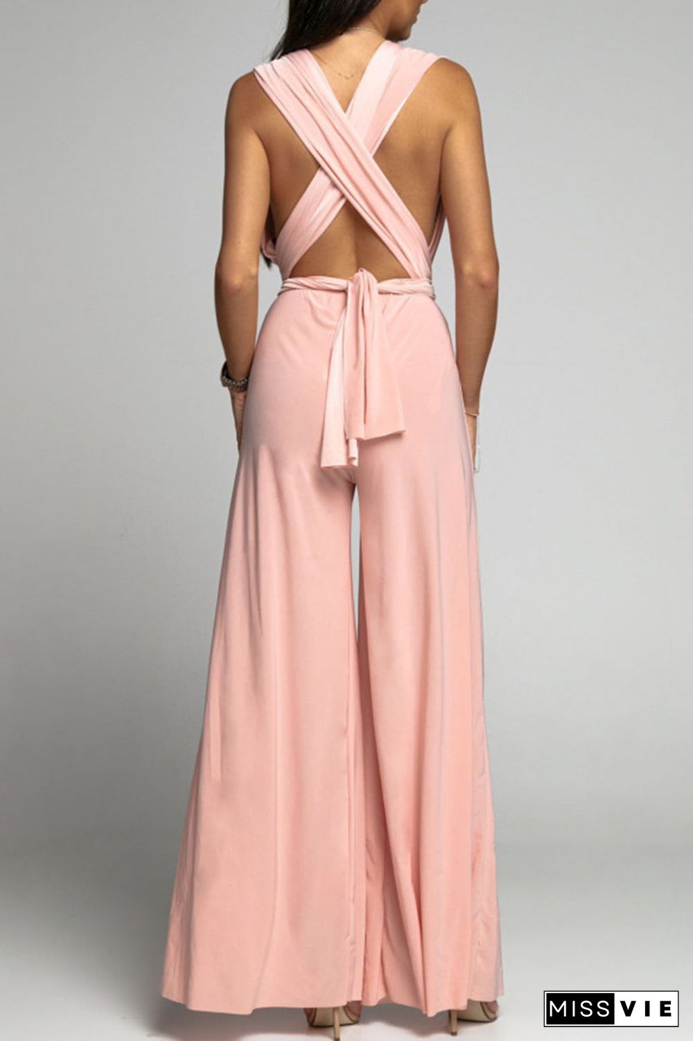 Casual Elegant Solid Backless Cross Straps V Neck Jumpsuits