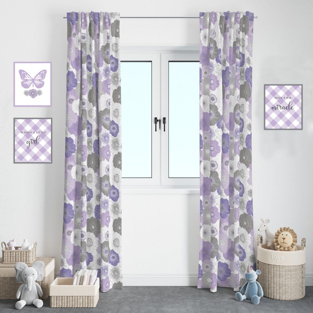 Bacati Watercolor Floral Purple Gray Cotton Printed Single Window Curtain Panel