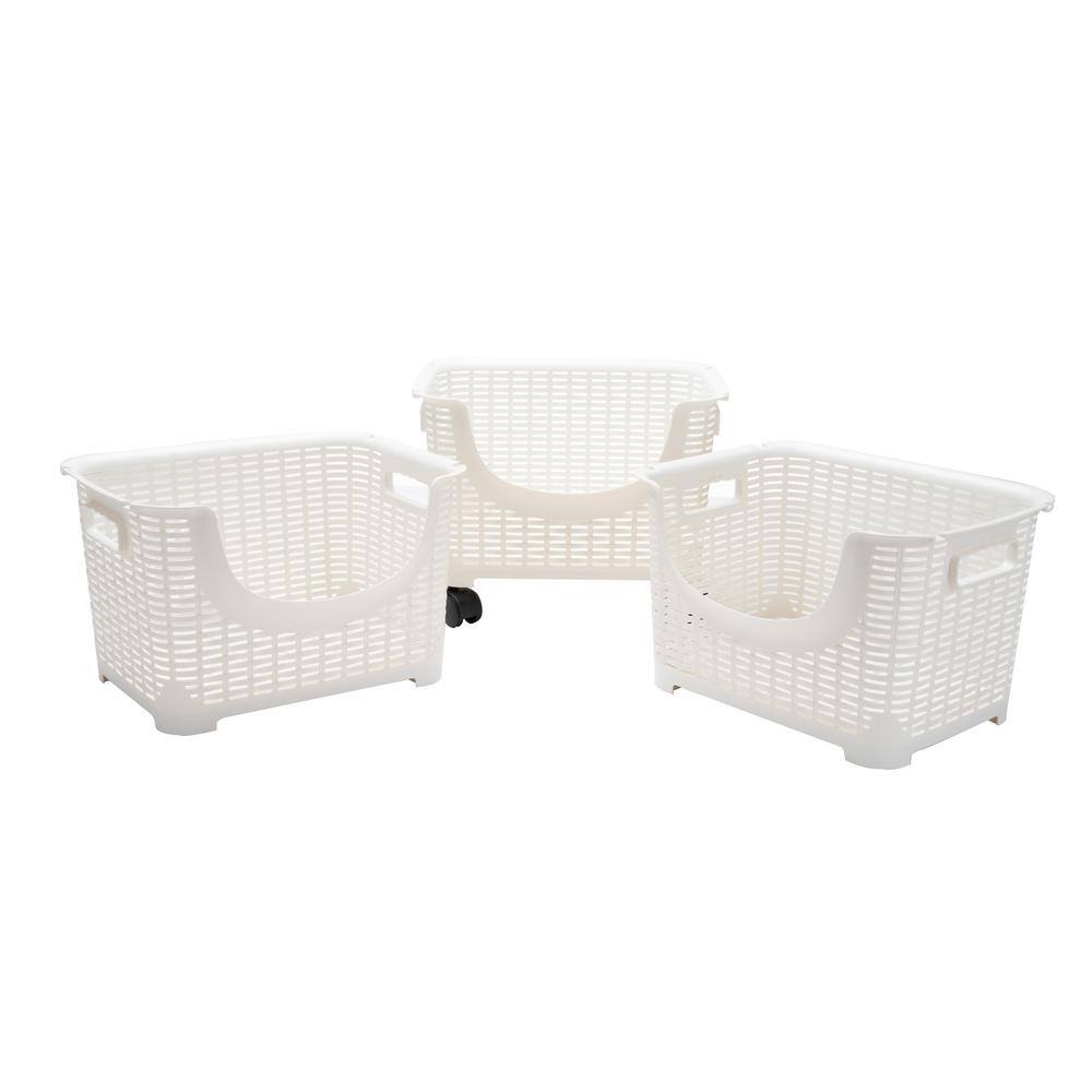 Mind Reader 3-Tier 15 Gal. Stackable Rolling Storage Bins in Ivory ROLLBASK3-IVO